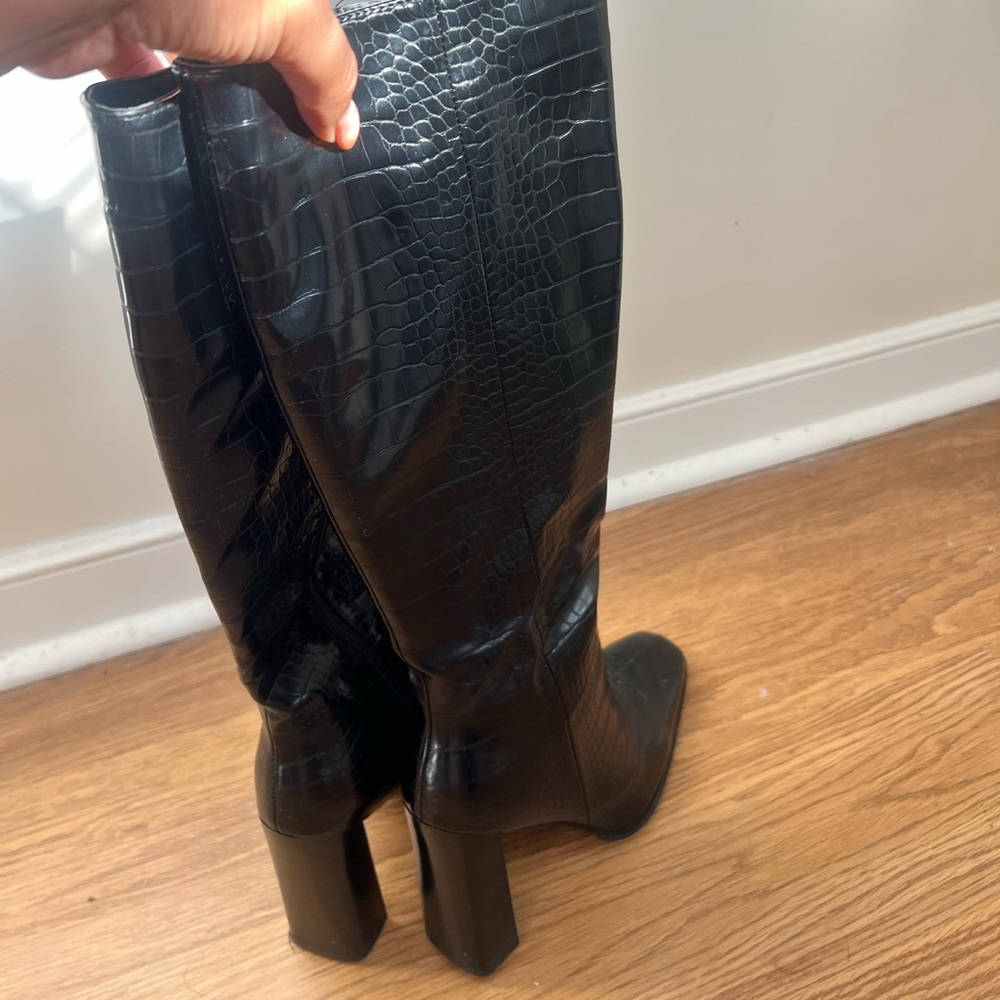 Black Croc-Embossed Heeled Boots